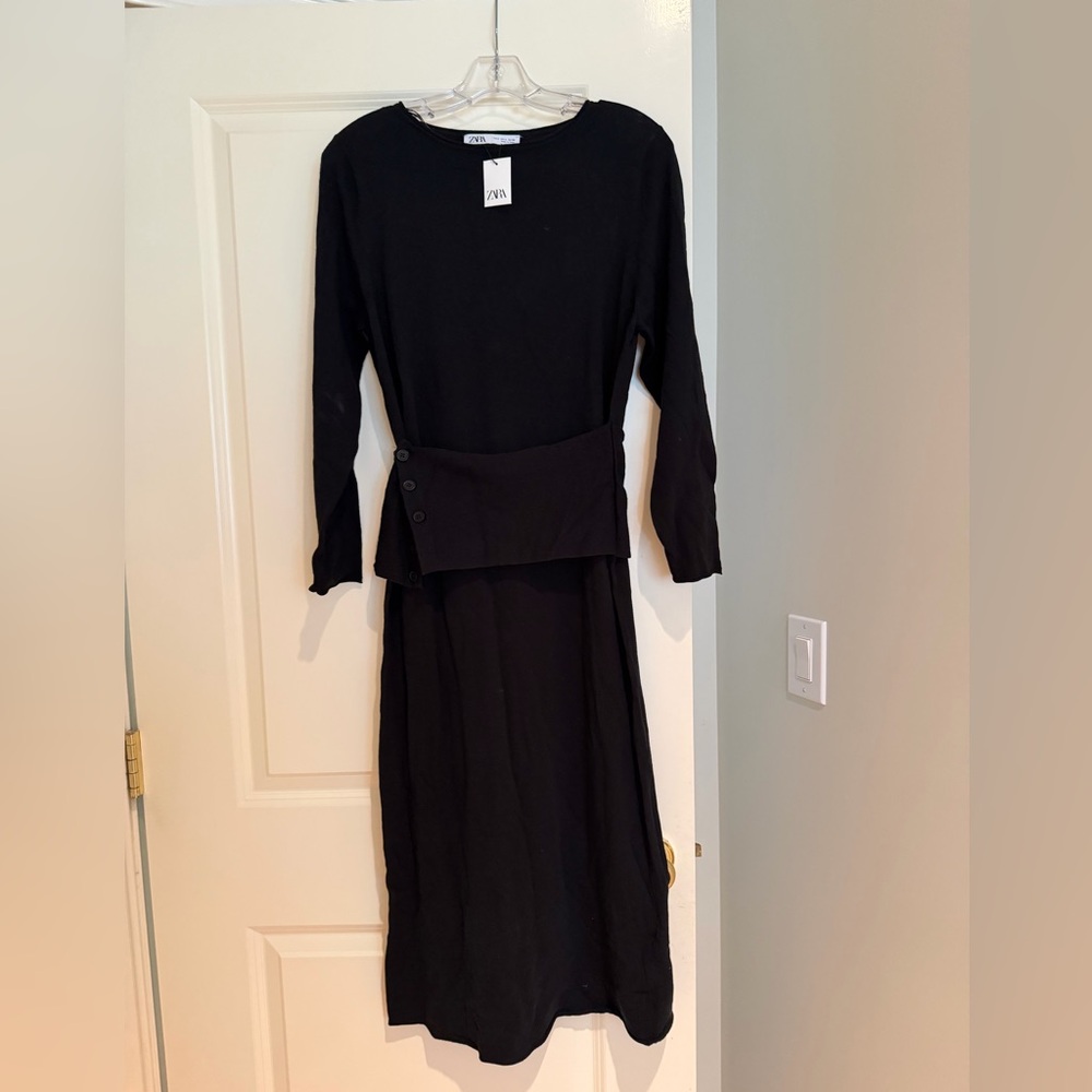 Zara Black Long Sleeve Midi Dress with Attached Waist Panel Detail